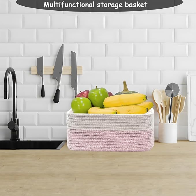 COMFY-HOMI 11.5"x7.5"x4.7" Storage Baskets for Organizing | Cotton Rope Woven Basket | Toy Storage Bin Box | Basket for Shelves, Closet Organizer Bin, Decorative Closet Shelf, 3 Pack, Pink