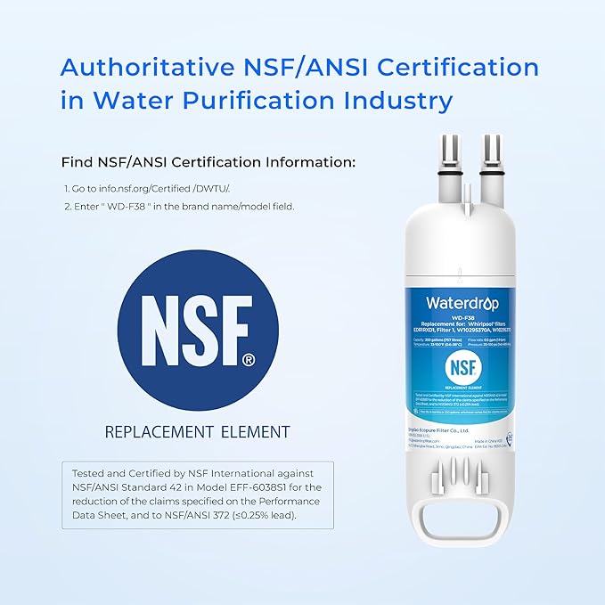 Waterdrop 𝐄𝐃𝐑𝟏𝐑𝐗𝐃𝟏 Replacement for Everydrop® 𝐅𝐢𝐥𝐭𝐞𝐫 𝟏,W10295370A, EDR1RXD1B, P8RFWB2L, P4RFWB, Kenmore® 46-9081, 46-9930, WD-F38 Refrigerator Water Filter, 2 Filters