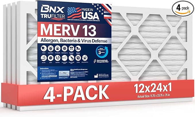 BNX TruFilter 12x24x1 Air Filter MERV 13 (4-Pack) - MADE IN USA - Electrostatic Pleated Air Conditioner HVAC AC Furnace Filters for Allergies, Pollen, Mold, Bacteria, Smoke, Allergen, MPR 1900 FPR 10