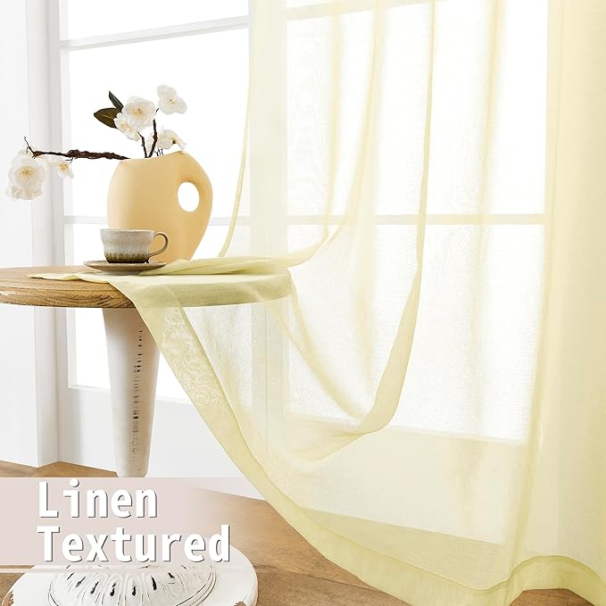 Tollpiz Sheer Door Curtains Closet Linen Textured Curtains Sheer Doorway Light Filtering Voile Rod French Door Pocket Curtain Patio Door, 25 x 72 inches Long, Transparent Yellow, Set of 1 Panel