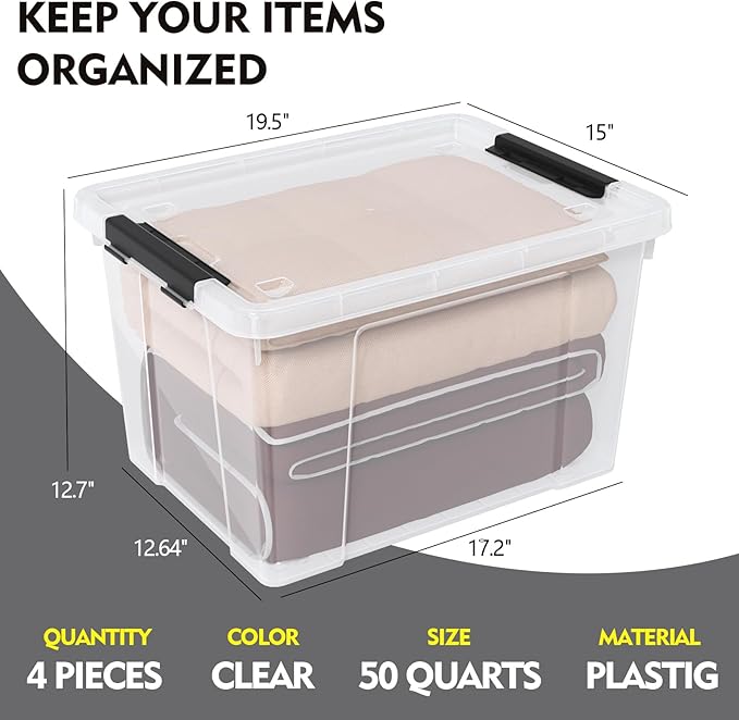 4 Pack Large Clear Plastic Storage Bins with Latching Lids, 50 Quart Plastic Storage Container with Wheels, Clear