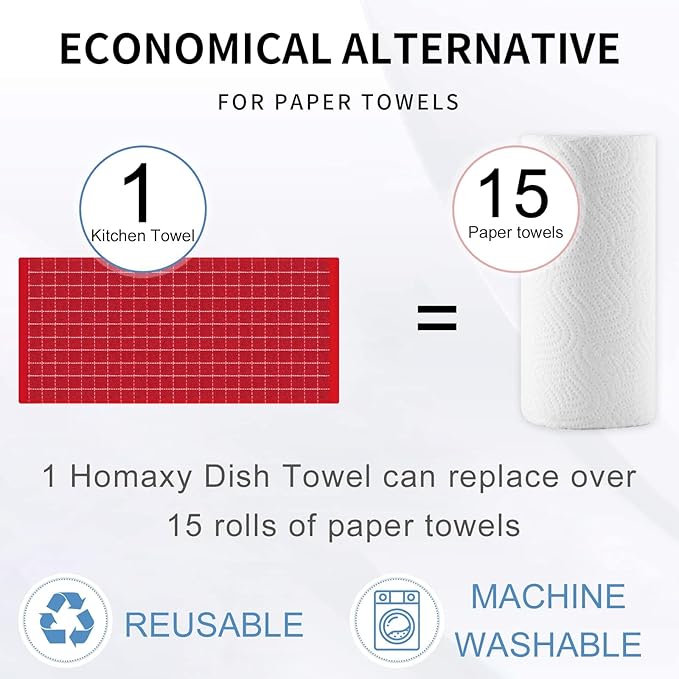 Homaxy 100% Cotton Terry Kitchen Towels(Red, 13 x 28 inches), Checkered Designed, Soft and Super Absorbent Dish Towels, 6 Pack
