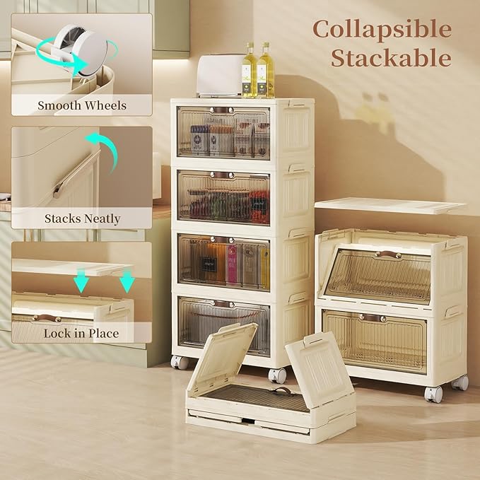 5 Tier - 34QT Storage Bins with Lids, Collapsible Storage Bins with Doors and Wheels, Plastic Storage Cabinet for Easy Storage and Organization for Living Room, Office