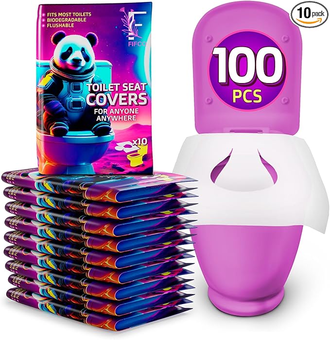 100 Pcs Disposable Toilet Seat Cover - Biodegradable and Flushable Toilet Seat Liners for Public Toilets | Compact One Size Fits All Travel Essentials Toiletries Covers | FIFCO