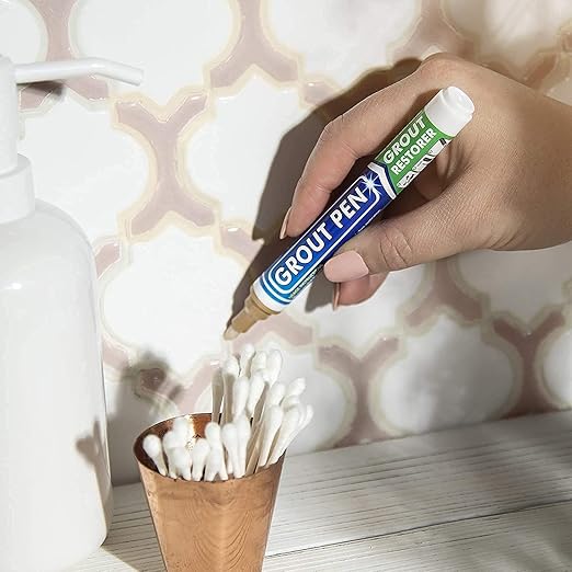 Grout Pen Beige Tile Paint Marker: Waterproof Grout Paint, Tile Grout Colorant and Sealer Pen - Narrow 5mm, 2 Pack with Extra Tips (7mL) - Beige