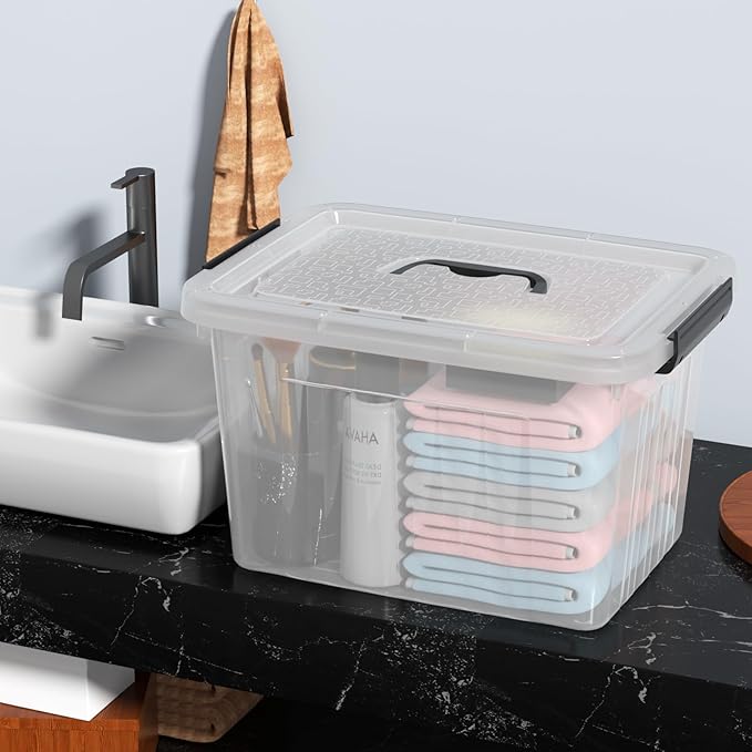 4 Packs 20 L Clear Plastic Storage Bins, Stackable Organizer Containers with Lids, Latching Box with Handle