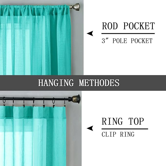 Tollpiz Short Sheer Curtain Linen Textured Living Room Curtains Sheer Light Filtering Rod Pocket Voile Curtain for Bedroom, 42 x 54 inches Long, Aqua Blue, Set of 2 Panels