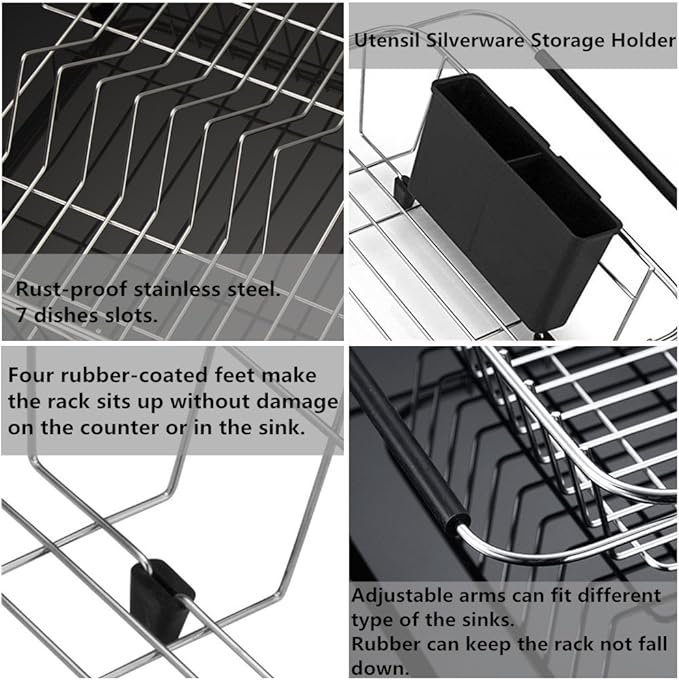 SANNO Expandable Dish Drying Rack Over The Sink Dish Drainer Dish Rack in Sink or On Counter with Utensil Silverware Storage Holder, Rustproof Stainless Steel
