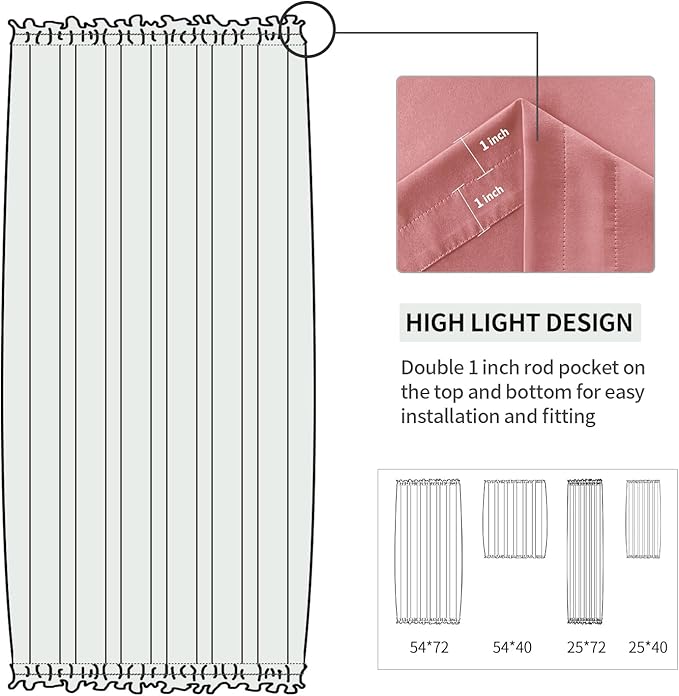 DWCN French Door Curtains – Rod Pocket Thermal Blackout Curtain for Window/Doorways/Kitchen/Classroom/Patio Doors for Privacy, 54W by 72L Inches, 1 Panel with Tieback, Dry Rose