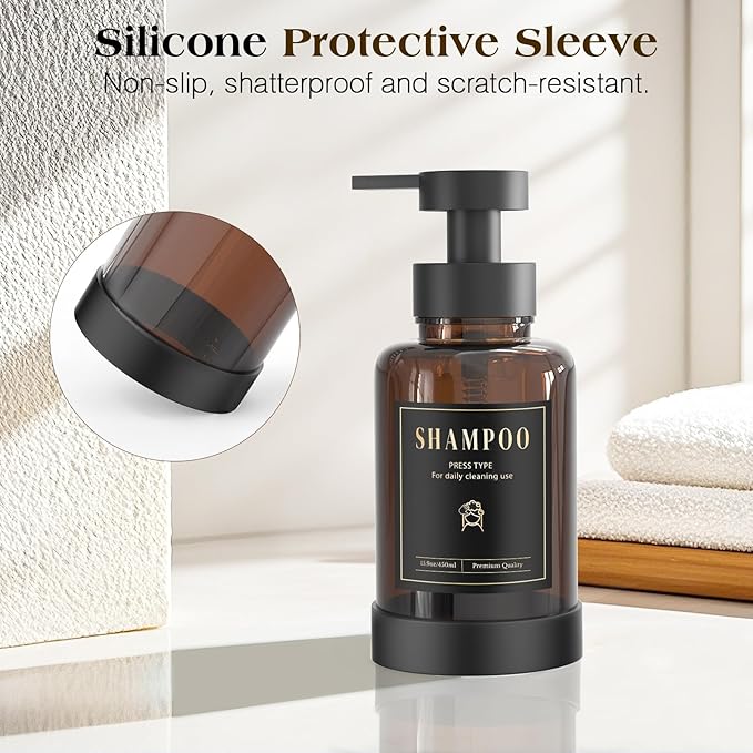 Luxspire Foaming Soap Dispenser, Glass Foam Pump Soap Dispenser, Non-Slip Hand Soap Bottle with 5 Waterproof Labels, 15 Oz Refillable Liquid Soap Bottle for Bathroom & Kitchen, Amber, 2 Pack