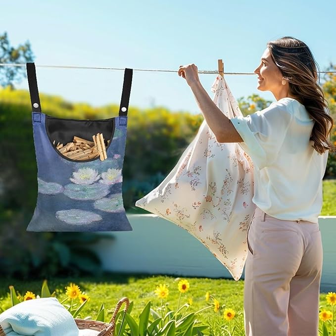 Outdoor Clothespin Storage Bag with Windproof Design - Monet Water Lilies Print Heavy Duty Polyester Hanging Organizer Pouch for Clothesline Pins - Large 14.5"x12" with Hanging Loop