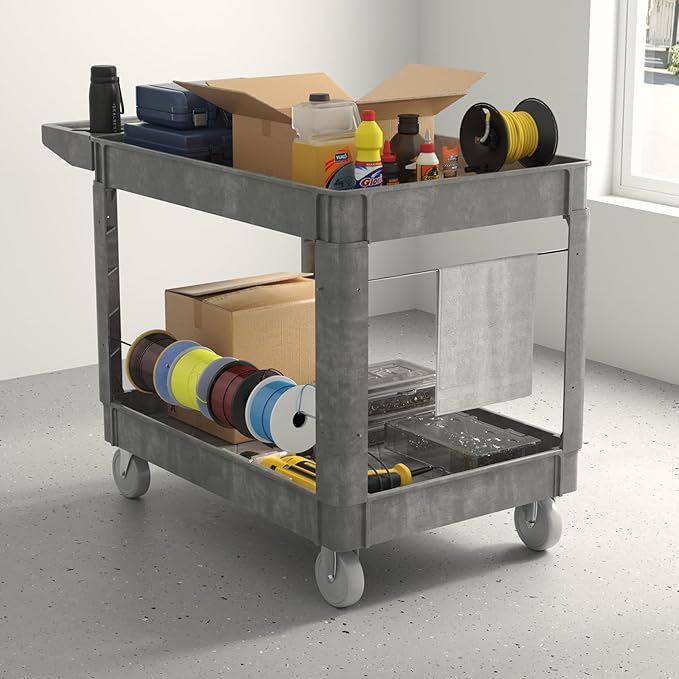 Utility Cart on Wheels, 1000 lbs Capacity Rolling Service Cart, 45 x 25 Inch Work Carts, 2 Shelf Heavy Duty Plastic Tool Cart, Lipped Shelves, for Warehouse, Garage, Cleaning, Gray