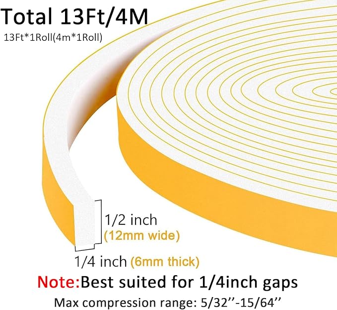 Strong Adhesive Weather Stripping, High Density Weatherproof Weather Stripping Door Seal Strip for Sliding Door, Windows,Noise-Reduction Foam Sealing Strip, White(1/2 in x 1/4 in x 13Ft)