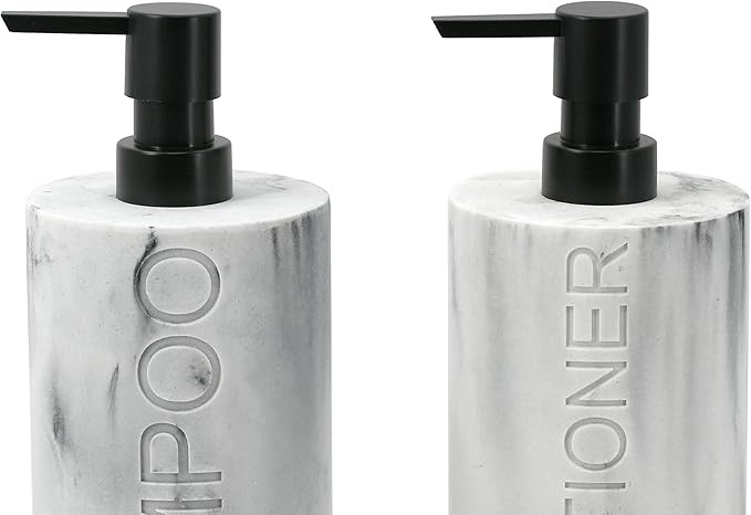 Marble Resin 2 Piece Shampoo and Conditioner Dispenser Set, Luxurious Refillable Pump Bottles with Matte Pump Top and Embossed Text, Durable Design for Bathroom and Shower