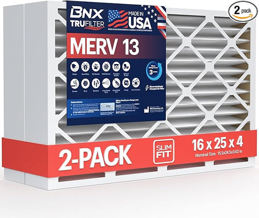 BNX TruFilter 16x25x4 (15.5’’ x 24.5’’ x 3.63‘’ Slim Fit) MERV 13 Air Filter (2-Pack) - MADE IN USA - Air Conditioner HVAC AC Furnace Filters Health, Allergies, Mold, Bacteria, Smoke, MPR 1900 FPR 10