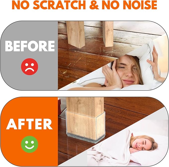 Rectangle Chair Leg Protectors for Hardwood Floors,16 PCS Silicone Covers to Protect Wood Tile Floors Felt Pads Furniture Leg Caps Reduce Noise. Easy to Move. (Clear,2 x 4 Inch, Rectangular)