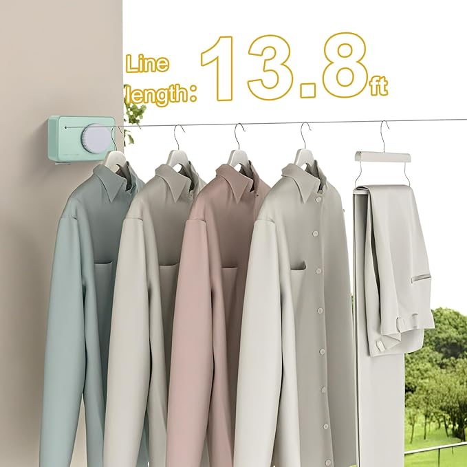 Retractable Clothesline Indoor/Outdoor, Anti-Sag for Drying Clothes Line Retracting Indoor/Outdoor, We Equipped This 13.8 Fts Laundry line Retractable with 4 Large Clips
