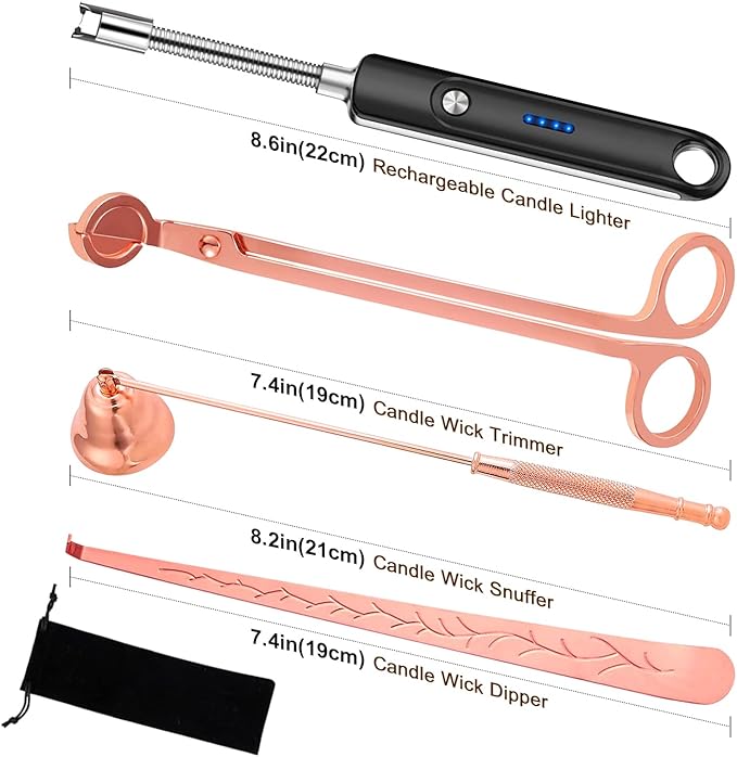 Lsnisni 4 in 1 Candle Accessory Set - Wick Cutter, Snuffer, Dipper & Electric Lighter - Gifts for Candle Lovers (Champagne)