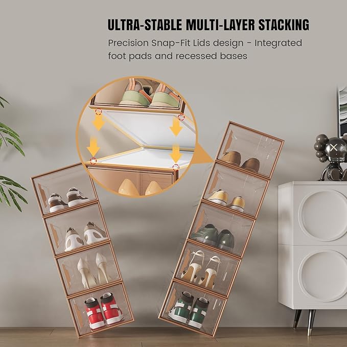 Shoe Storage Boxes Stackable, X-Large Plastic Clear Shoe Organizers with Magnetic Door, Thicken & Sturdy Sneaker Containers, Toy Storage Organizer Bins for Entryway, Closet, Under Bed