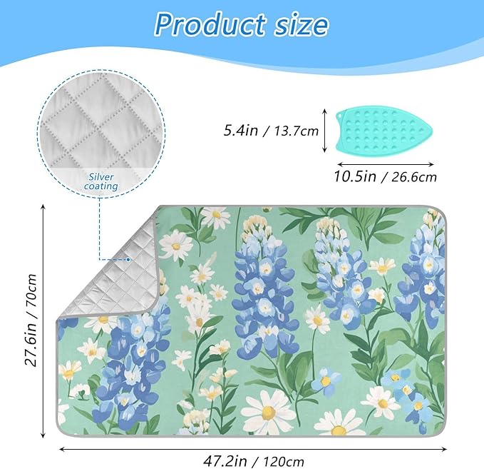 Mint Green Bluebonnet and Daisies Ironing Mat for Table top Portable Ironing Pad Blanket for Washer Dryer Countertop Travel