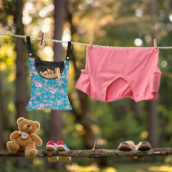 Cherry Blossom Clothespin Pouch with Hanging Hook - Waterproof Clothespin Storage for Outdoor Use