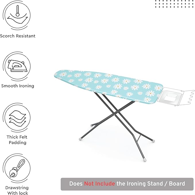 Encasa XO Ironing Board Cover and Pad 54"x15" - Thick 3mm Felt Padding, Drawstring Tightening & Lock, Easy Fit, Scorch & Stain Resistant, Fits Standard Large Ironing Board - Daisy Blue