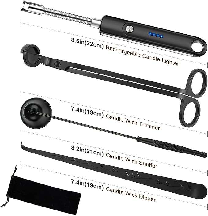Lsnisni Candle Wick Cutter and Trimmer Set, Electric Lighter, Wick Dipper - Black, 4-Piece, Mom Birthday Gift