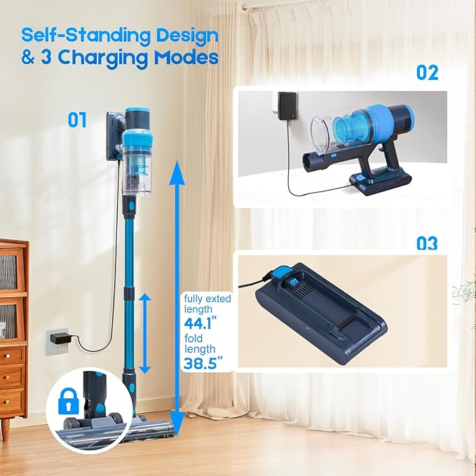 Cordless Vacuum Cleaner, 400W/45kPa/55Mins-8-in-1 Stick Vacuum Cleaners for Home Rechargeable for Pet Hair/Rugs/Hardwood | 1.2L Dustbin, Anti-Tangle | Self-Standing, Ideal for Car, Apartment