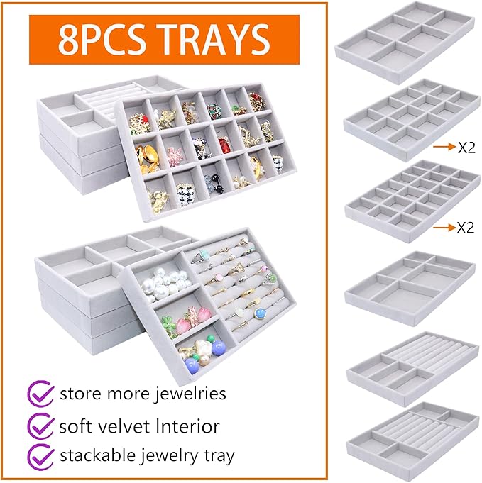Jewelry Storage 8PACK, Velvet Jewelry Organizer Trays, 4PCS Stackable Jewelry Tray for Drawers, Grey Organizer for Rings, Earrings, Necklaces, Watches, Bracelets, Brooches