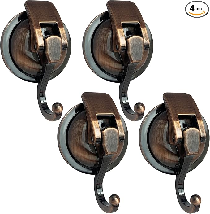 Suction Cup Hooks Heavy Duty Vacuum Suction Shower Hooks Glass Suction Cup Hooks Bathroom Robe Hooks Reusable, No Hole Punched, for Garland Decoration (Antique Brass, 4 Pack)