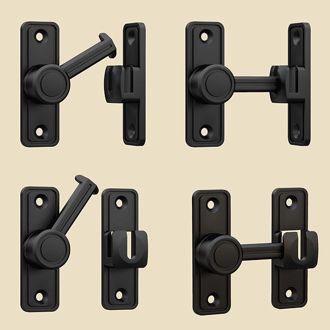 Barn Door Privacy Latch, 90°/180° Swing Slide Lock, Zinc-Alloy, Adhesive or Screw Mount, Interior Use for Bathroom/Bedroom/Closet/Shed, Includes Screws & Glue - Black