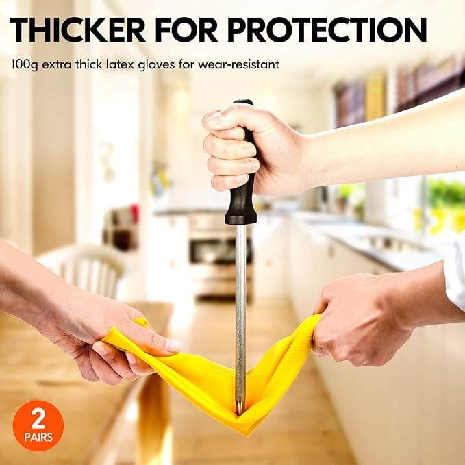 Vgo... 2-Pairs Reusable Household Gloves, Rubber Dishwashing gloves, Extra Thickness, Long Sleeves, Kitchen Cleaning, Working, Painting, Gardening, Pet Care (Size XL, Yellow, HH4601)