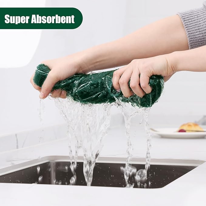 Homaxy Microfiber Kitchen Towels and Dishcloths Set, 12 Pack Soft and Absorbent Dish Hand Towels Bulk, 28 x 16 Inch & 12 x 12 Inch Quick Drying Rags for Washing Dishes, Dark Green