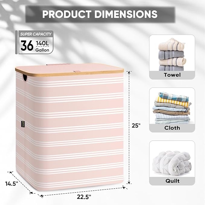 BALEINE Laundry Hamper with Lid, Tall Laundry Baskets with Bamboo Pull Handles, Large Laundry Bin with Internal Support (36 Gal/140L, Pink Pinstripe)