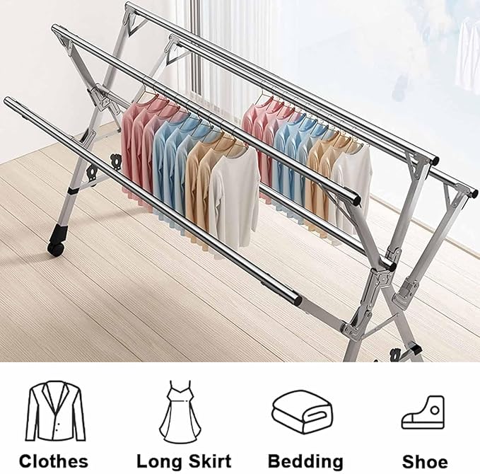 5Poles Clothes Drying Rack,Stainless Steel Laundry Rack with Wheels, Blanket Rack Clothesline, Extendable,with Windproof Hooks,for Indoor Outdoor