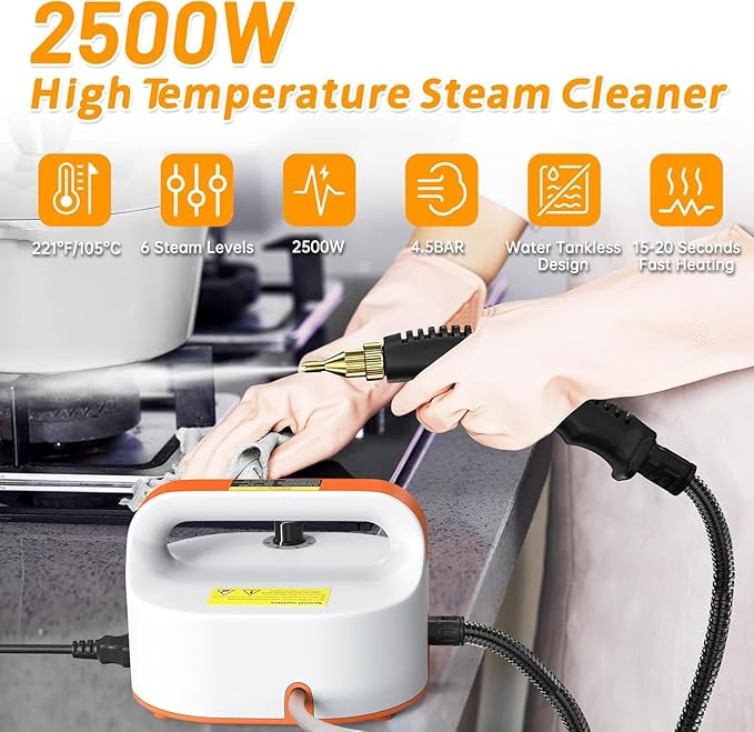 4.5BAR Handheld Steam Cleaner, 2500W Portable Steam Cleaner for Home for Car Kitchen Furniture Floors Cleaning, Tankless Design, 6-Speed Pressurized Steam Machine with 3 Brush Heads, Orange
