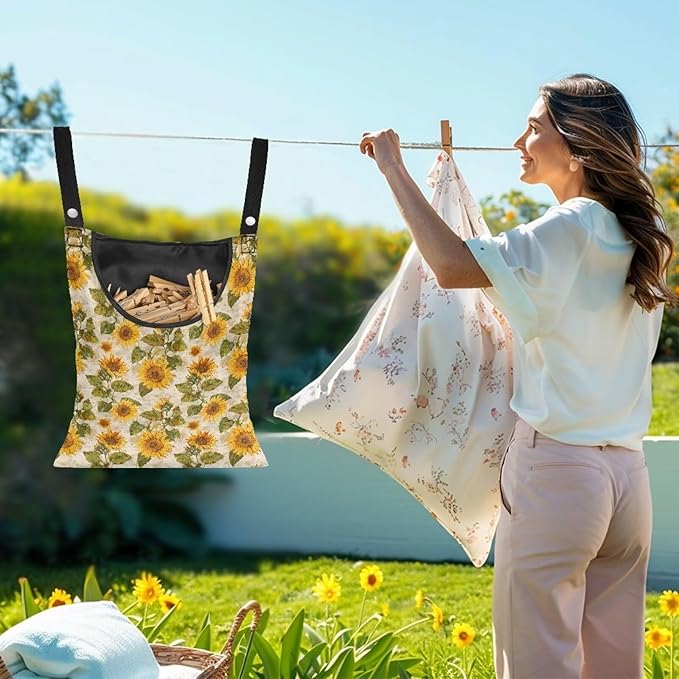 Sunflower Clothespin Organizer Bag with Hanging Hook Waterproof Clothes Pin Storage with Large Opening for Clothesline Outdoor