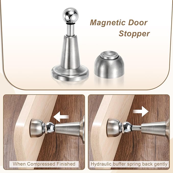 uxcell 4Pcs Magnetic Door Stopper, 304 Stainless Steel Magnetic Door Stop Catch, Soft-Catch Brushed Nickel Hold Door Open Wall Mount for Bottom of Door, Silver