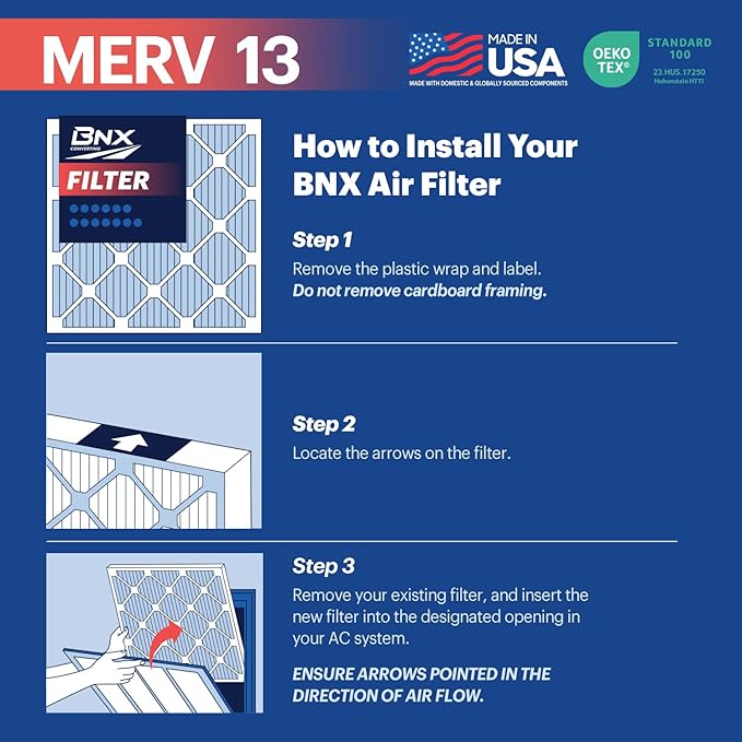 BNX TruFilter 18x20x1 Air Filter MERV 13 (6-Pack) - MADE IN USA - Electrostatic Pleated Air Conditioner HVAC AC Furnace Filters for Allergies, Pollen, Mold, Bacteria, Smoke, Allergen, MPR 1900 FPR 10