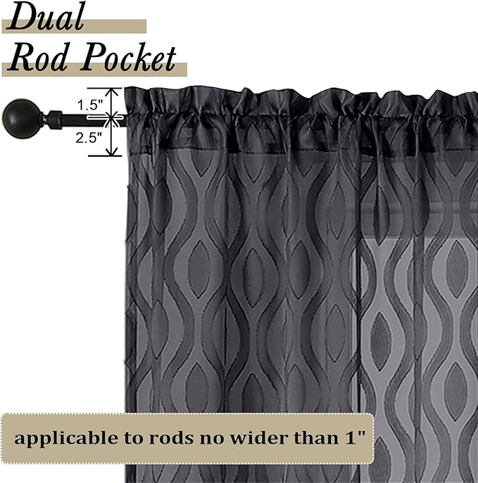 Aiyufeng Black Sheer Curtains Tiers 36 Inch Length 2 Panels Set, Airy Lightweight Clip Jacquard Small Window Curtains, Modern Wavy Line Textured Voile Sheer Curtains for Small Windows, 40"Wx36"L Inch