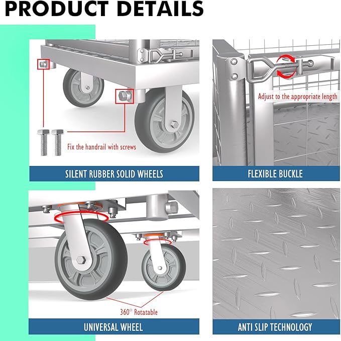 4-in-1 Platform Truck Cart with Cage, Multi-Purpose Heavy Duty Steel Flatbed Cart with 2200lbs Capacity Platform Hand Truck 6" Wheels Push Cart Dolly for Groceries, Garage, Warehouse (41“L x 24" W)