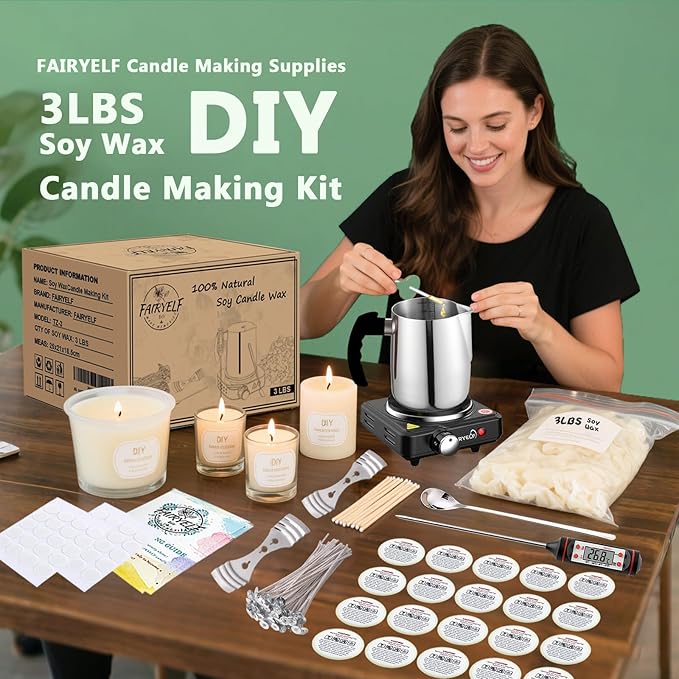 Soy Wax Candle Making Kit Supplies With Wax Melter, Natural Candle Wax for Candle Making - DIY Candles Making Supplies, Including 3lbs Soy Wax Flakes, Melting Pot, Electric Stove, Candle Wick