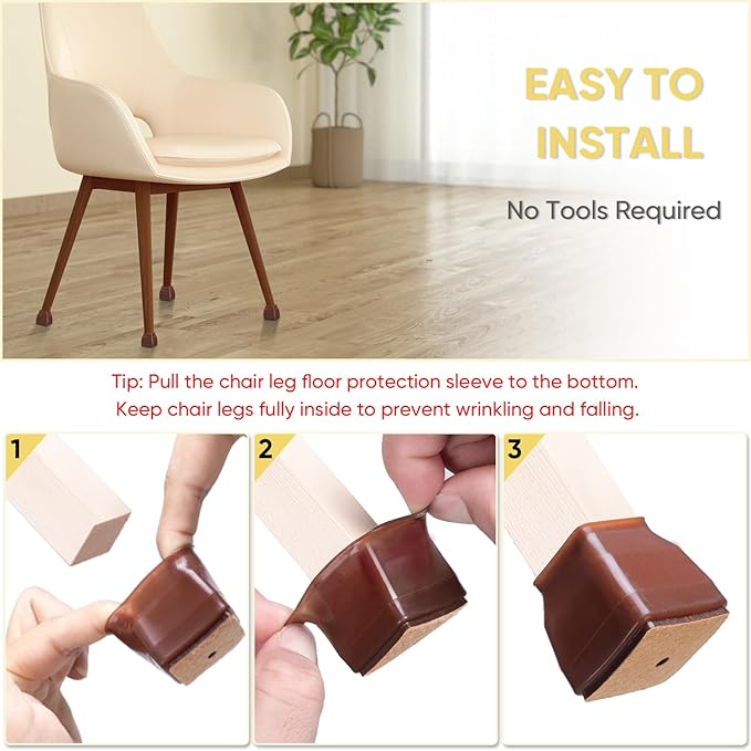 BALEINE 16 Pack Silicone Chair Leg Floor Protectors, Stool Leg Protectors Cap, Non-Slip Chair Leg Caps for Hardwood Floors (Brown & Large (Square), 16 Pack)