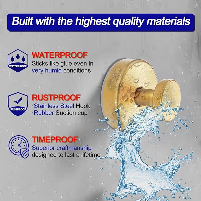 Suction Cup Hooks for Shower, Removable Towel Hooks for Bathroom Window Glass Door Wall, Bath Robe Looafh Hook for Hanging - 4 Pack, Gold1