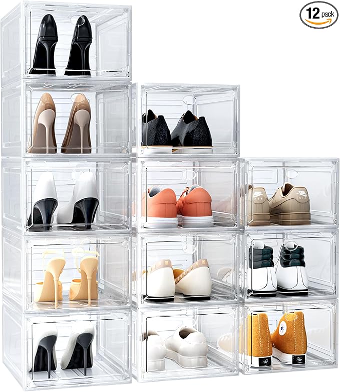 12 Pack Upgrade Harder Solid Plastic Shoe Organizer, Shoe Boxes Clear Stackable, Sneaker Storage for Closet, Shoe Display Case