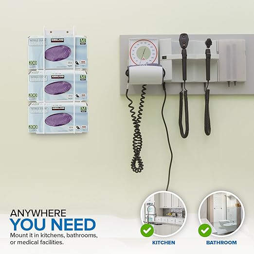 Stock Your Home (White Metal Triple Gloves Dispenser, Tissue Box Shelf, Glove Box Holder Wall Mount, For Kitchen, Cleaning Closet, Lab, Exam, or Office