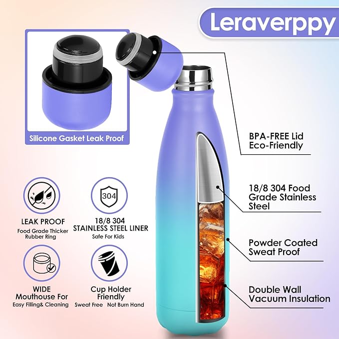 25oz Cola-Bottle Shaped Stainless Steel Leak-proof Water Bottle,Double Wall Vacuum Insulated Metal,Travel Mug For Sports Indoors & Outdoors,BPA-Free Kids Flasks,Purple Blue(2 Pack)