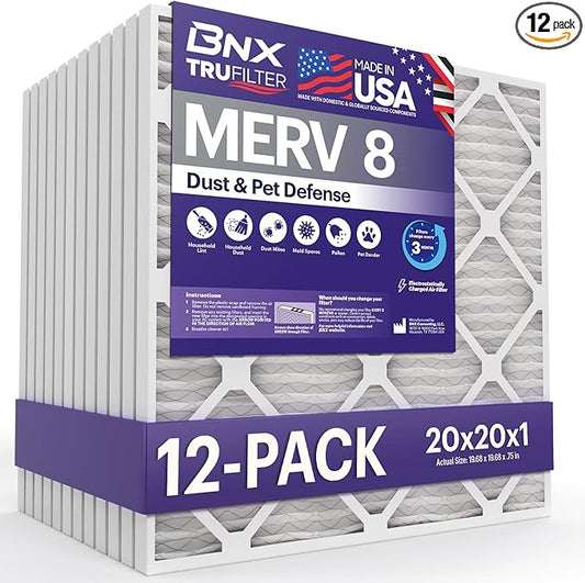 BNX TruFilter 20x20x1 Air Filter MERV 8 (12-Pack) - MADE IN USA – Dust & Pet Defense Electrostatic Pleated Air Conditioner HVAC AC Furnace Filters for Dust, Pet, Mold, Pollen MPR 600 – 700 & FPR 5