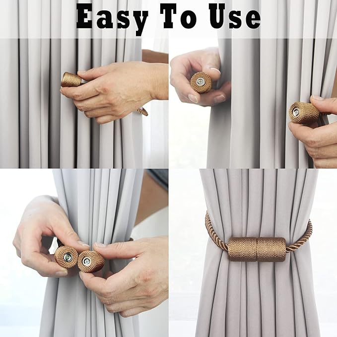 4 Pack Strong Magnetic Curtain Tiebacks Outdoor Elegant Decorative Tie Backs Modern Rope Tiebacks for Drapes Window Curtain Holdbacks for Draperies- Khaki