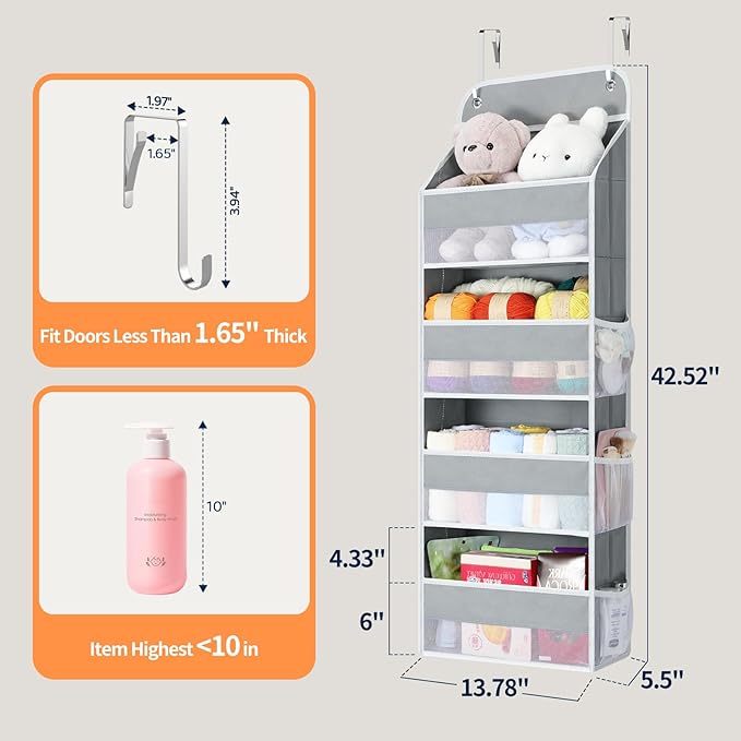 Yecaye Over The Door Organizer, Heavy Duty Hanging Organizers and Storage with 4 Large Capacity Pockets, Swing-Proof Behind The Door Storage for Bathroom Nursery Bedroom Dorm Closet, Grey